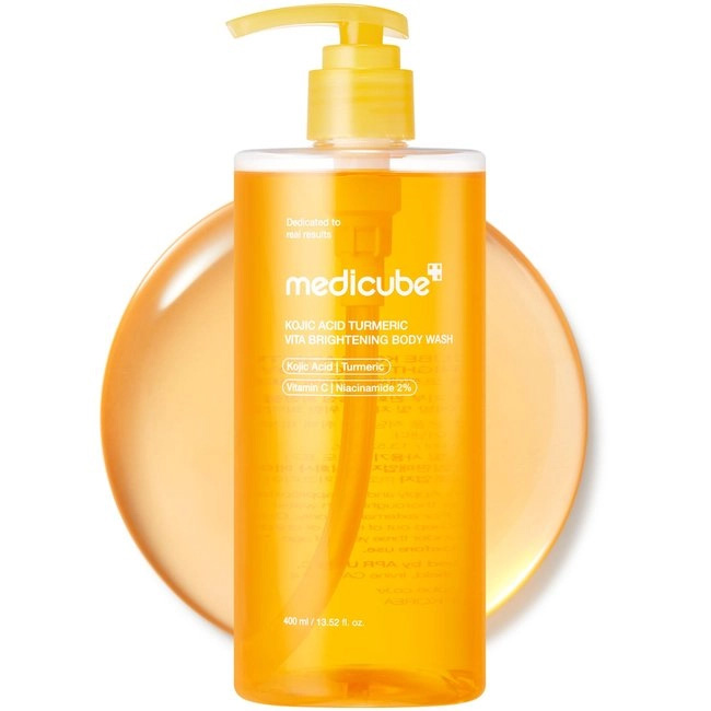 شامپو بدن لایه بردار ملایم و روشن‌کننده مدی کیوب مدل Kojic Acid Turmeric Vita Brightening Body Wash