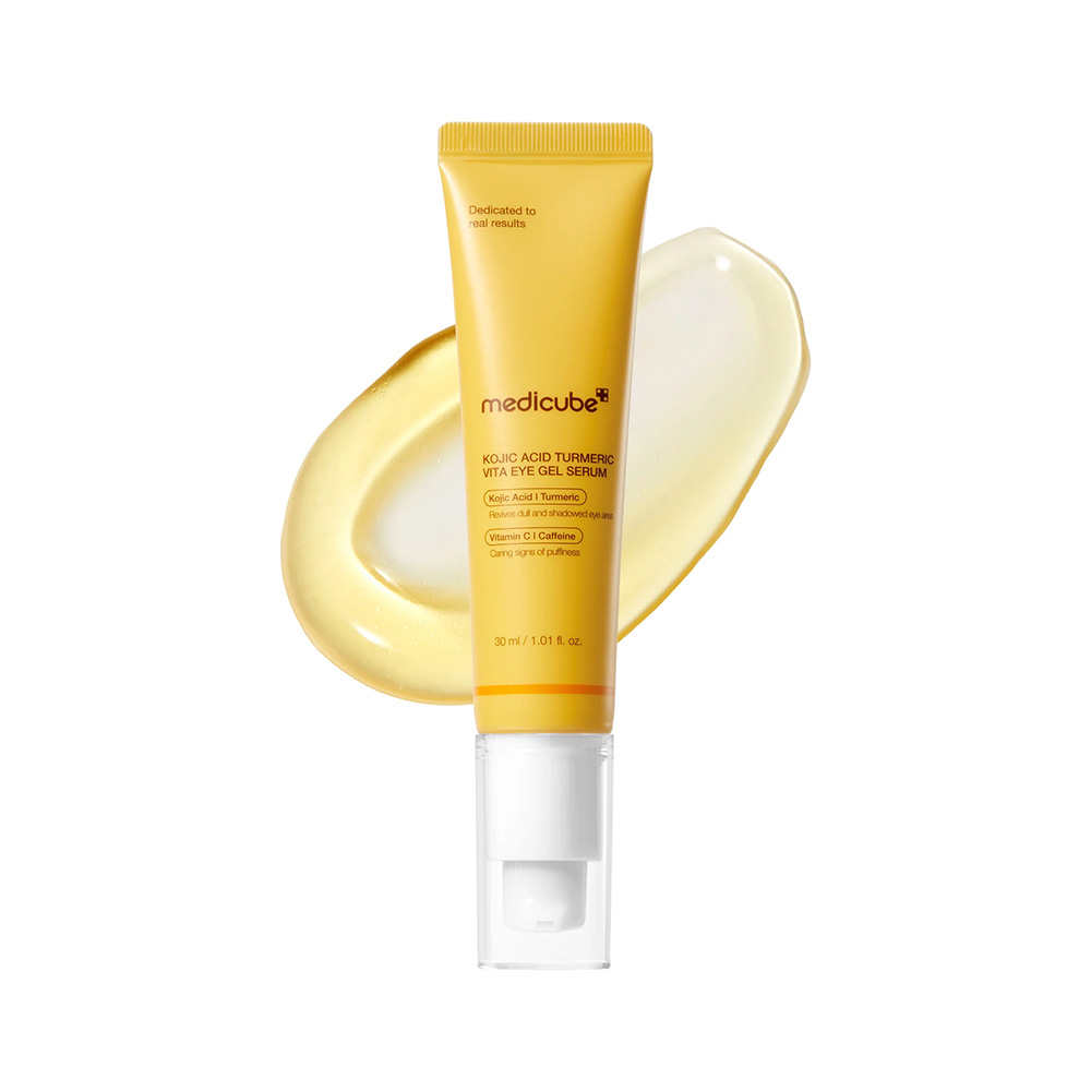 سرم ژلی دورچشم روشن‌کننده و ضدپف مدی کیوب مدل Kojic Acid Turmeric Vita Eye Gel Serum